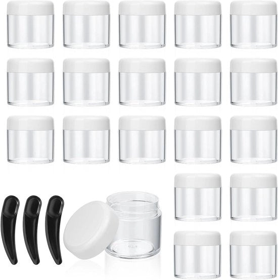 Set di 20 contenitori premium trasparenti 40 ml - Contenitori cosmetici con coperchi a viti - Set di conservazione per viaggio per prodotti per la cura della pelle - Con set di mini-schiumaioli - Bianco - Set di 20 (43 x 40 mm)