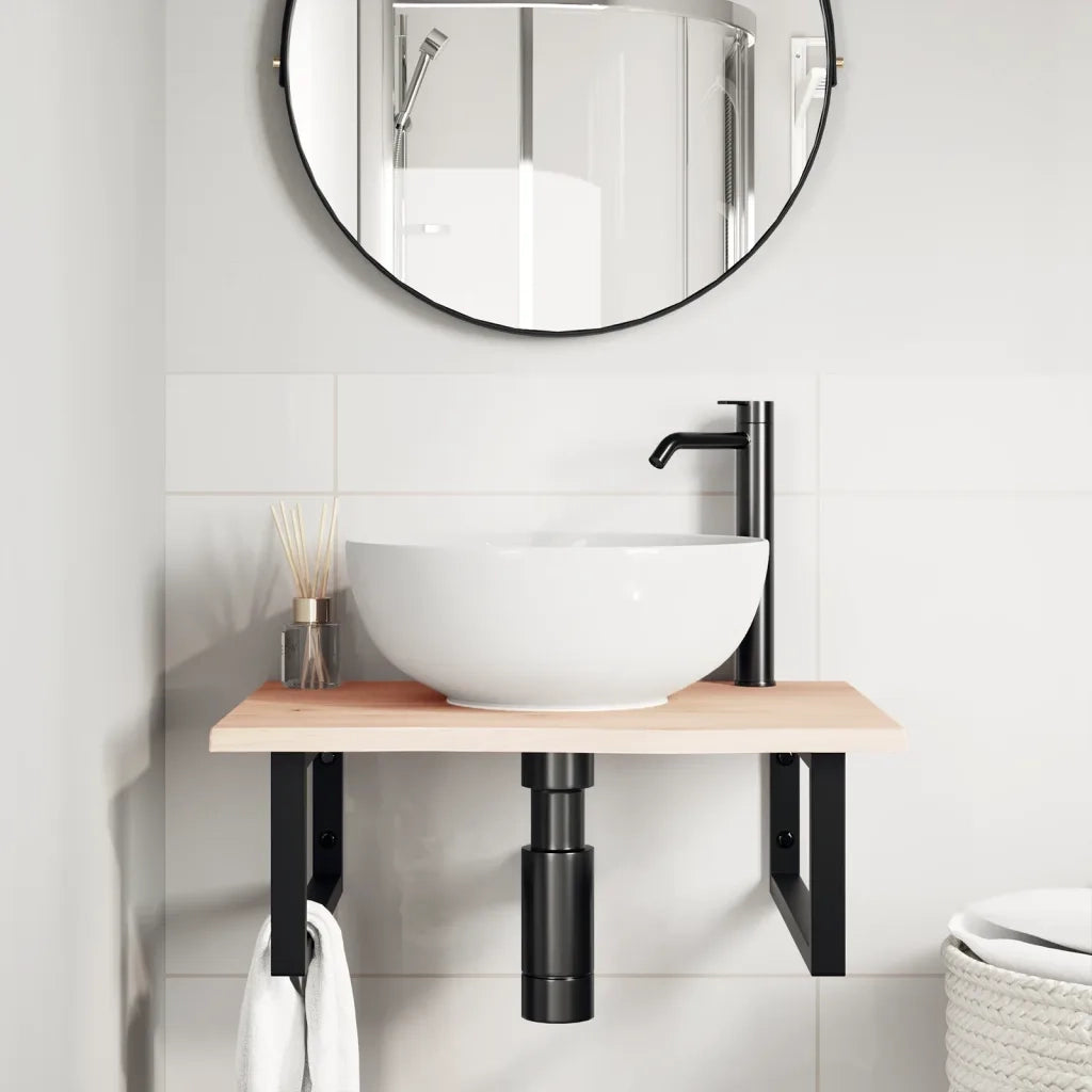 Ripiano a Parete per Lavabo in Acciaio e Massello di Rovere 3302593