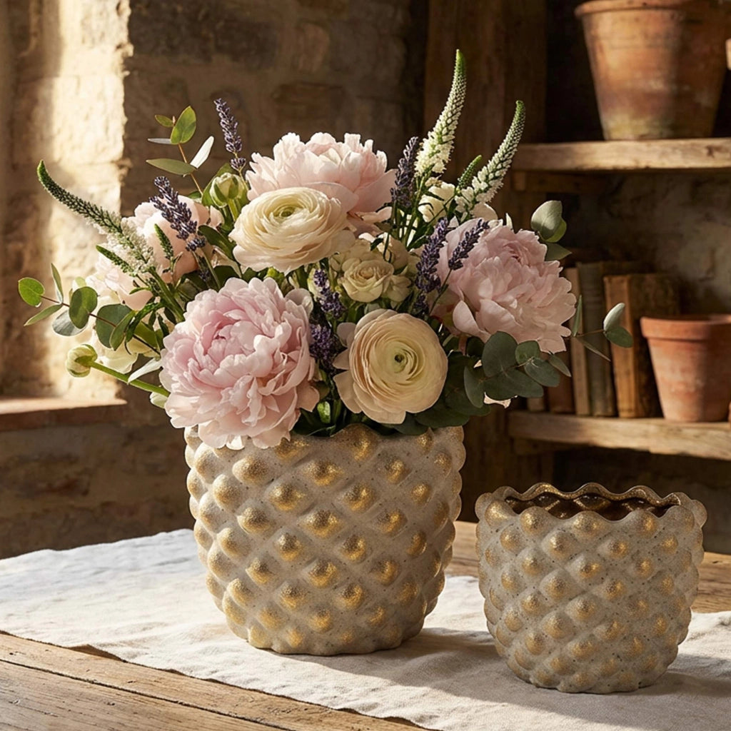 Taiping, Vaso set 2 Vasi, Finitura Geometrica a Rilievo, Beige