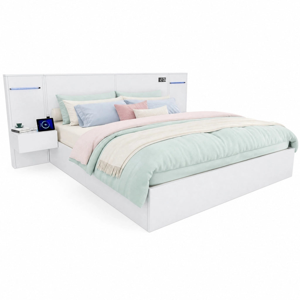 Letto matrimoniale 160x200 cm in MDF con Bluetooth, USB-A/USB-C, orologio elettronico e luci RGB