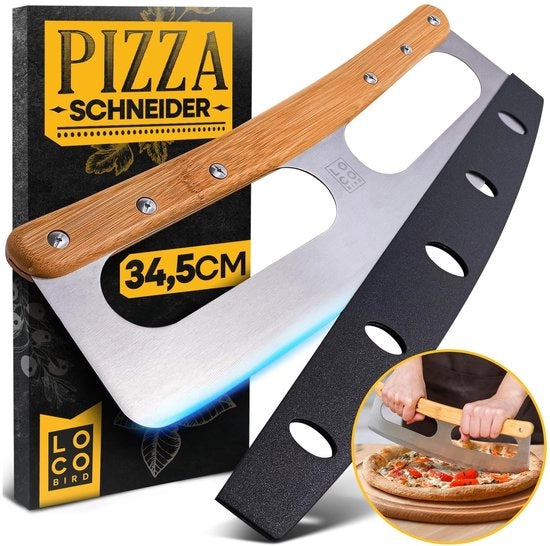 Pizzasnijder in Acciaio Inossidabile - Pizzamas con Manico in Bambù - Taglieri per Pizza - Lama Affilata - Protezione Lama - Manico Robusto