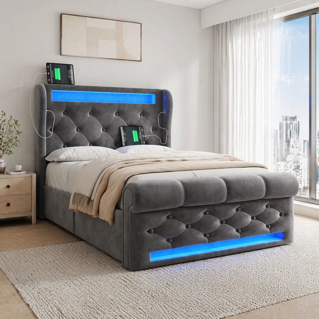 Letto singolo imbottito 90x200 cm in velluto grigio con LED; USB e Type-C; contenitore idraulico