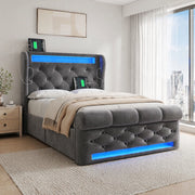 Letto singolo imbottito 90x200 cm in velluto grigio con LED; USB e Type-C; contenitore idraulico