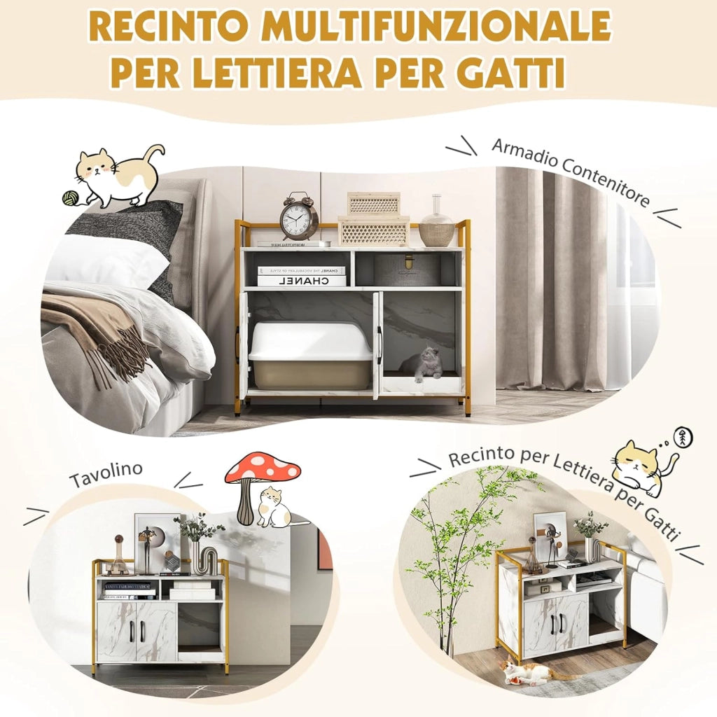Mobile per Lettiera Gatti con Ripiani Aperti e Ripiani Chiusi con Maniglie, Mobiletto Multiuso in Legno e Metallo, Ideale per Ingresso e Soggiorno, Portata 50 kg (Bianco+Nero)