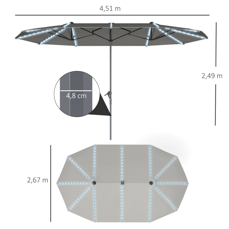Doppio parasole ovale 451x267 cm con luci solari LED telaio in alluminio protezione UV 50+ antivento con manovella colore grigio scuro per mercato giardino balcone e spiaggia