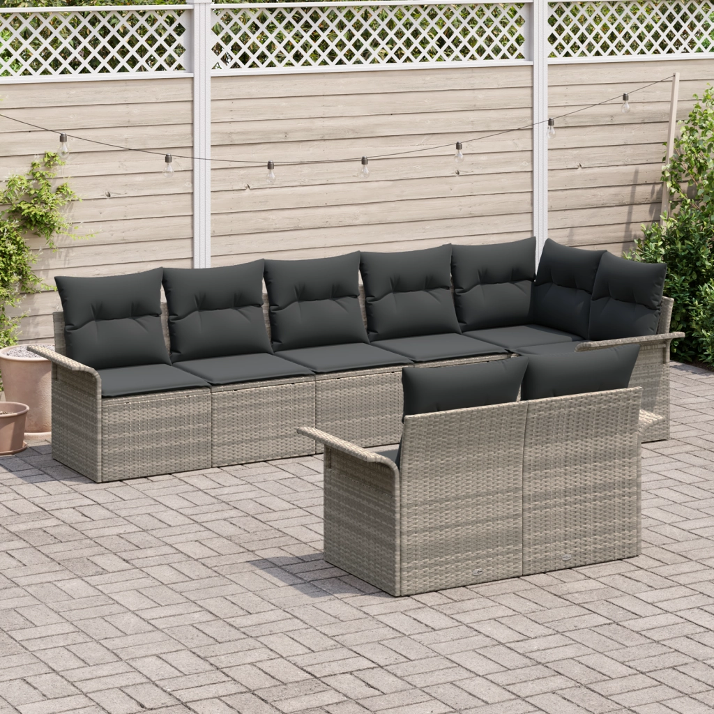 Set Divano da Giardino  8 Pezzi con Cuscini Grigio Chiaro in Polyrattan