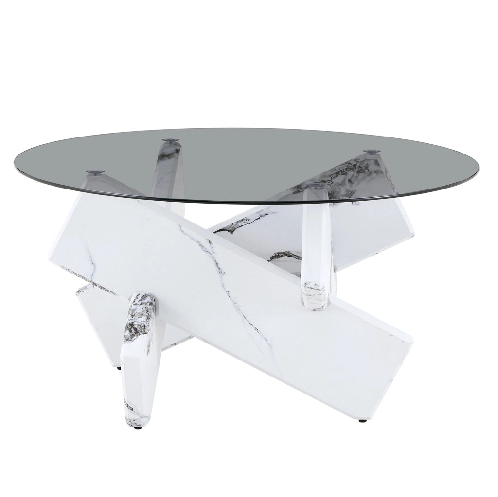 Tavolino rotondo 88.5x88.5x12.5 cm con piano in vetro temperato; base geometrica in MDF e vetro bianco