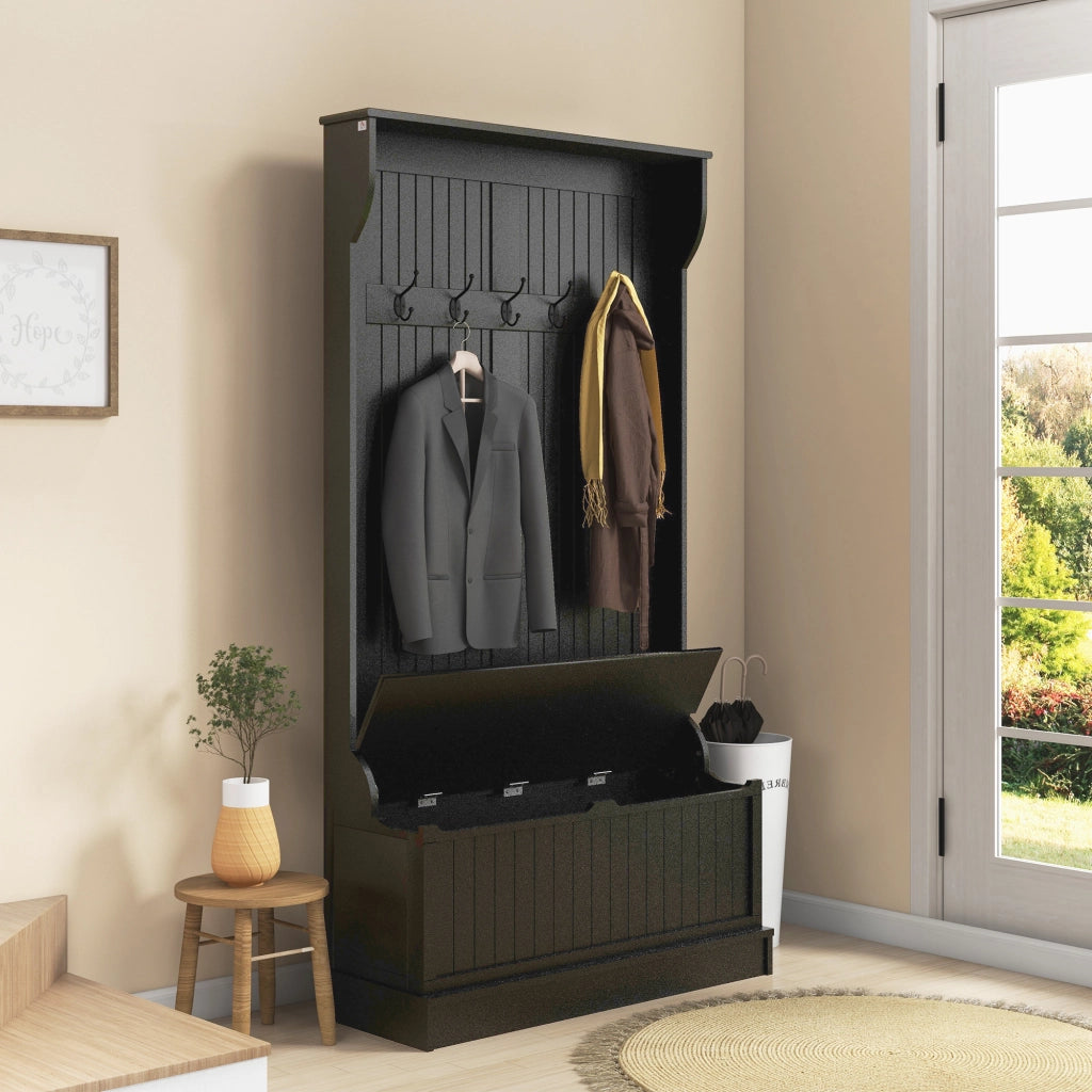 Appendiabiti con Panca Portascarpe e 5 Ganci ¨C Xylo ¨C Nero Moderno 96x34x179,7 cm