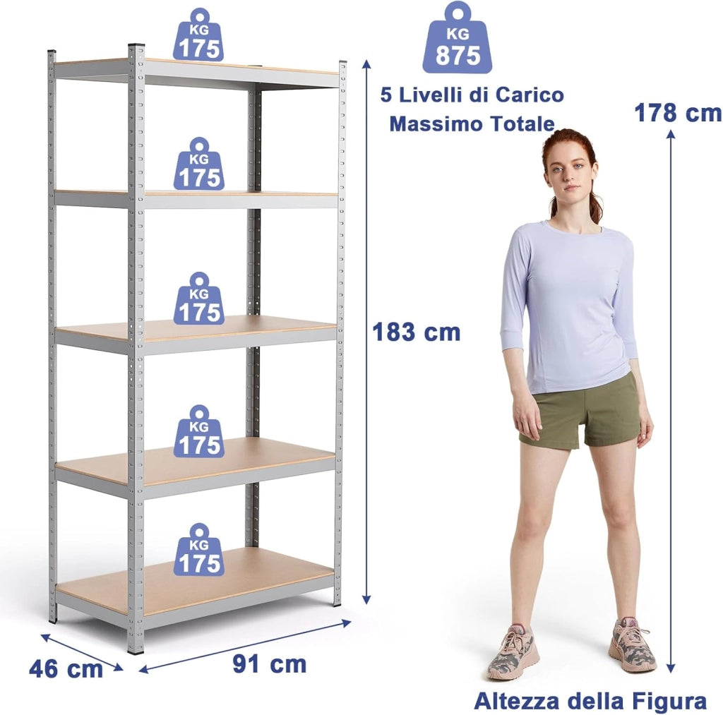 Scaffale con 5 Livelli, Scaffale per Garage Resistente con Altezza Mensole Regolabile, Capacità di Peso Totale 875 kg, Senza Bulloni, Uso Versatile 90x40x180cm (Argento)