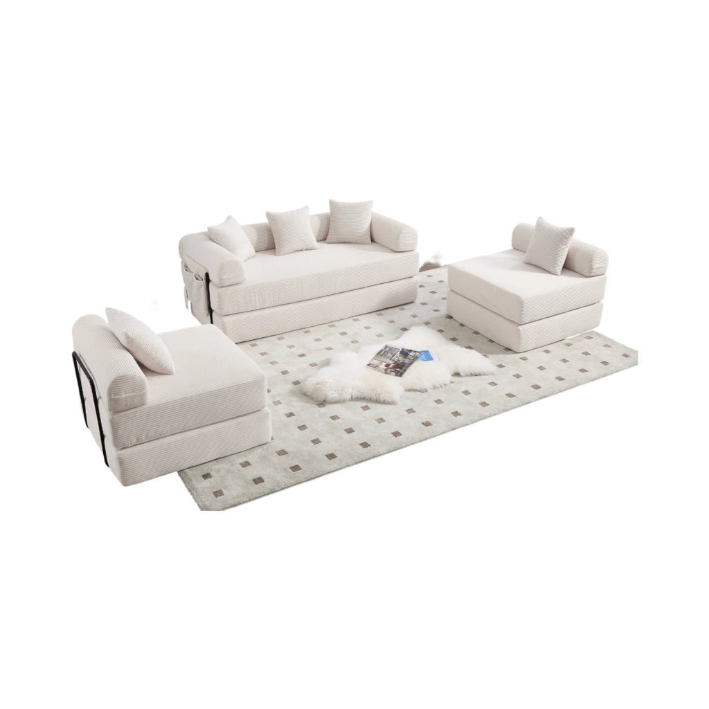 Divano modulare in velluto a coste beige 270x180x64 cm con tasca laterale e funzione letto
