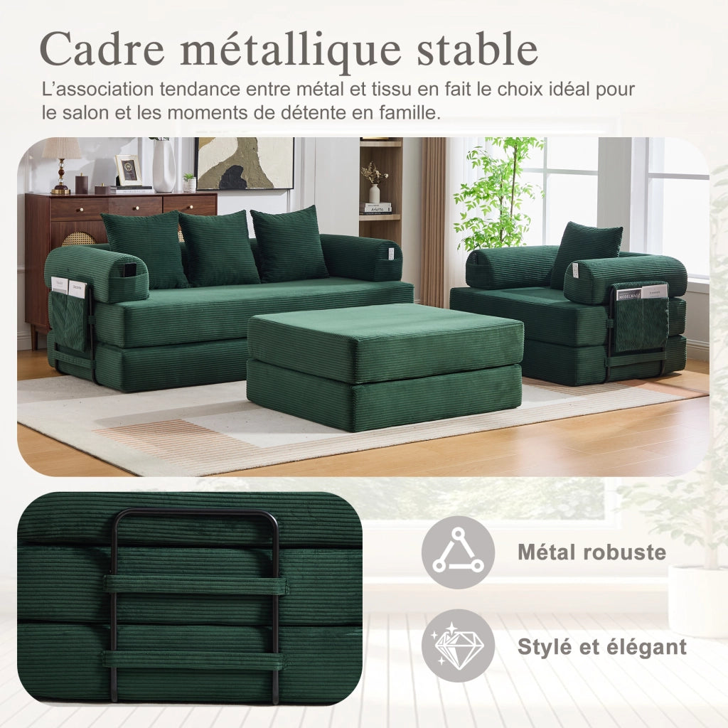 Divano modulare 4 posti con pouf e tasca laterale in velluto a coste verde smeraldo