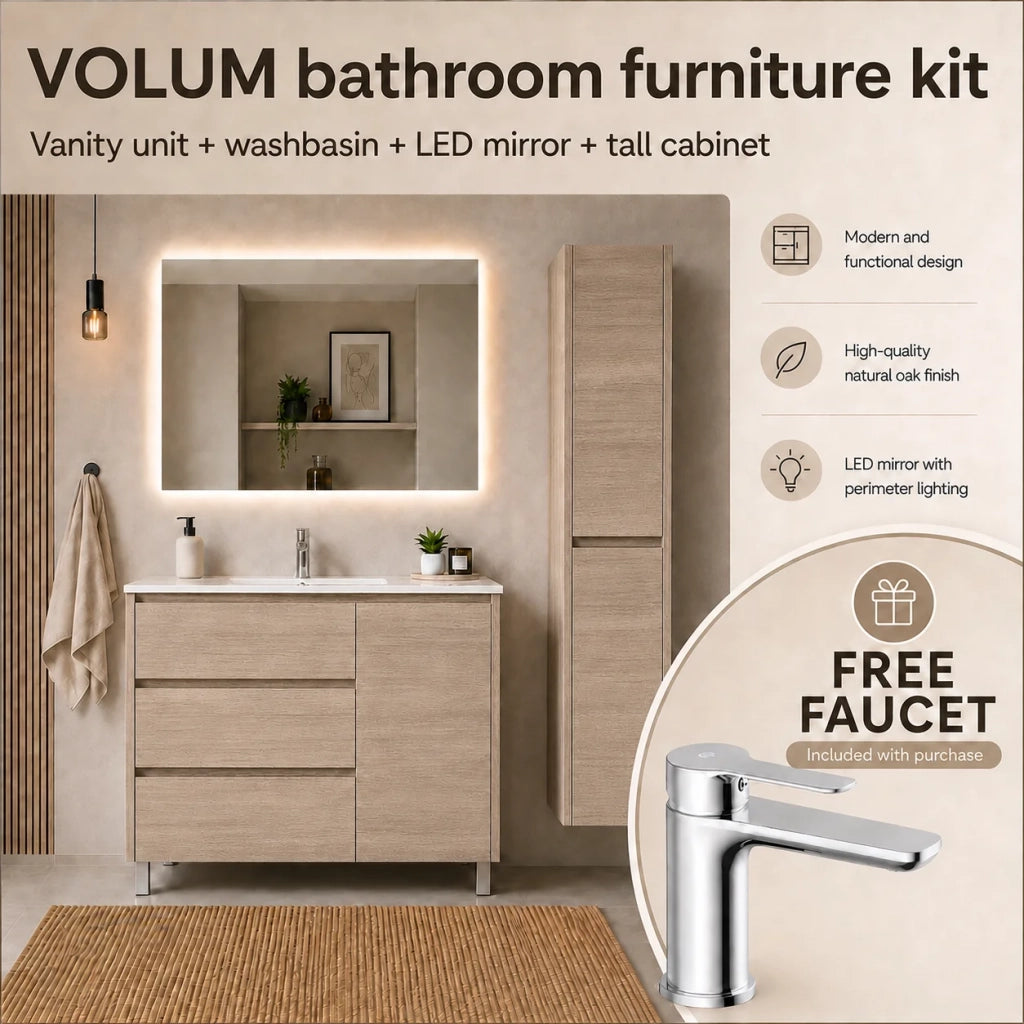Set mobile bagno VOLUM 80x45 cm Estepa con lavabo, specchio LED, colonna 140 cm e rubinetto