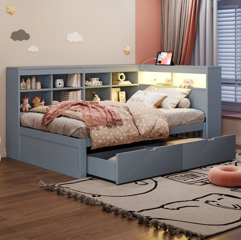 Letto singolo multifunzione 90x200 cm grigio con LED e USB