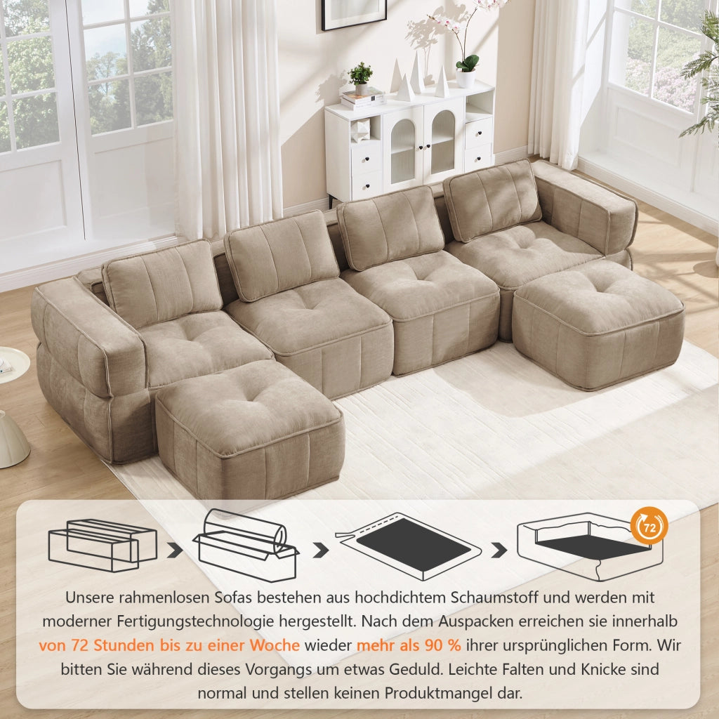 Divano modulare a U 4 posti senza telaio con pouf e seduta profonda in poliestere sabbia 344 × 162 × 67 cm