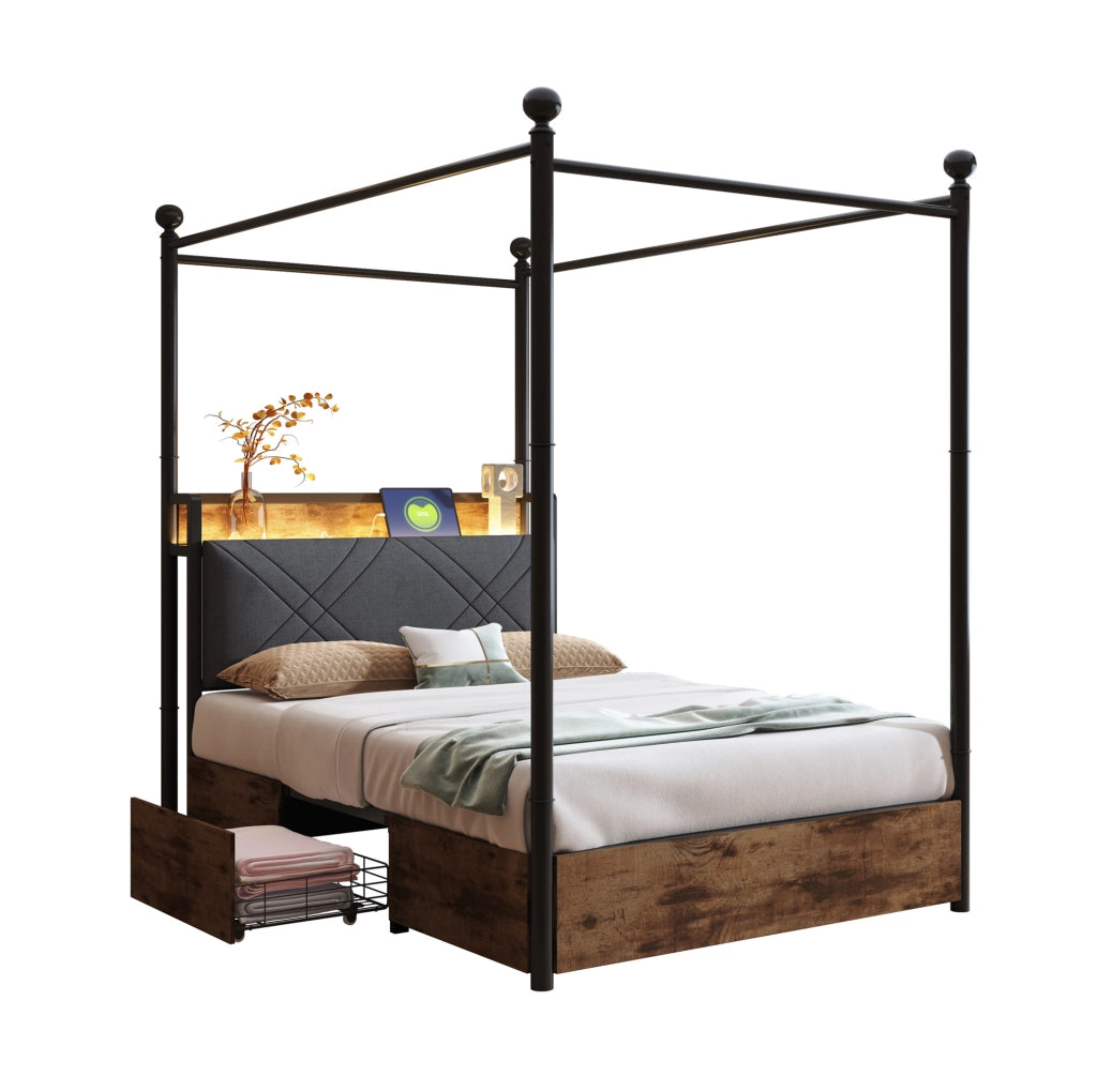Letto singolo a baldacchino ULEVR 90x190 cm con LED, prese USB e Type-C, 2 cesti laterali