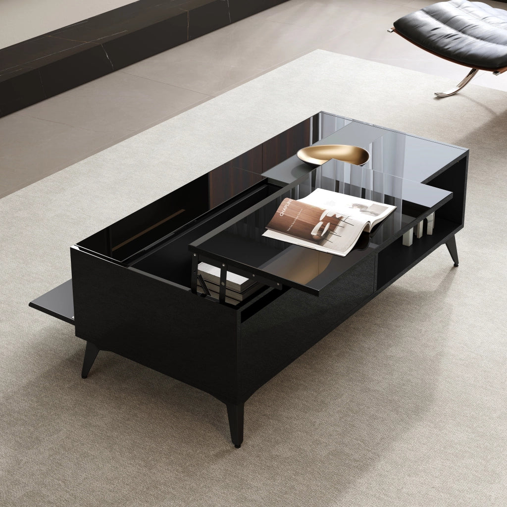 OKWISH Tavolino da Salotto con Piano Sollevabile, Vano Contenitore e Ripiani Aperti, Finitura Lucida, Nero, 110 x 50 x 48 cm