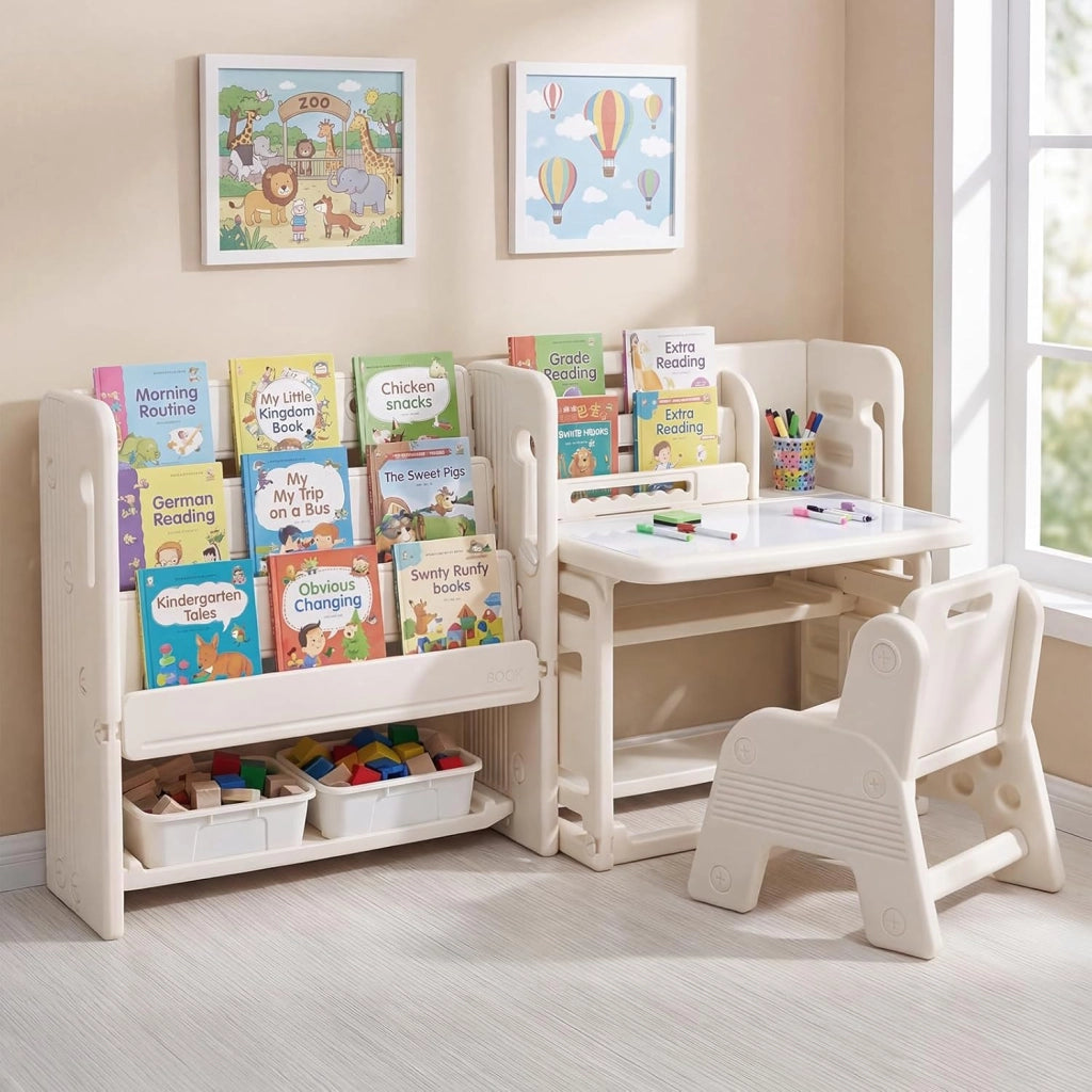 Set Tavolo e Sedia per Bambini 3+ Anni, Tavolino per Bambini con Scaffali Laterali e Cestini Portaoggetti, Piano Inclinabile e Lavagna Cancellabile, Tavolino e Sedie per Cameretta Ragazzi