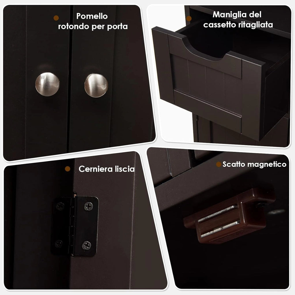 Armadietto Terra da Bagno Mobile Autoportante, Mobiletto Ufficcio Multiuso, con Cassetti e Ripiani, Ampio Spazio, Legno (Marrone)