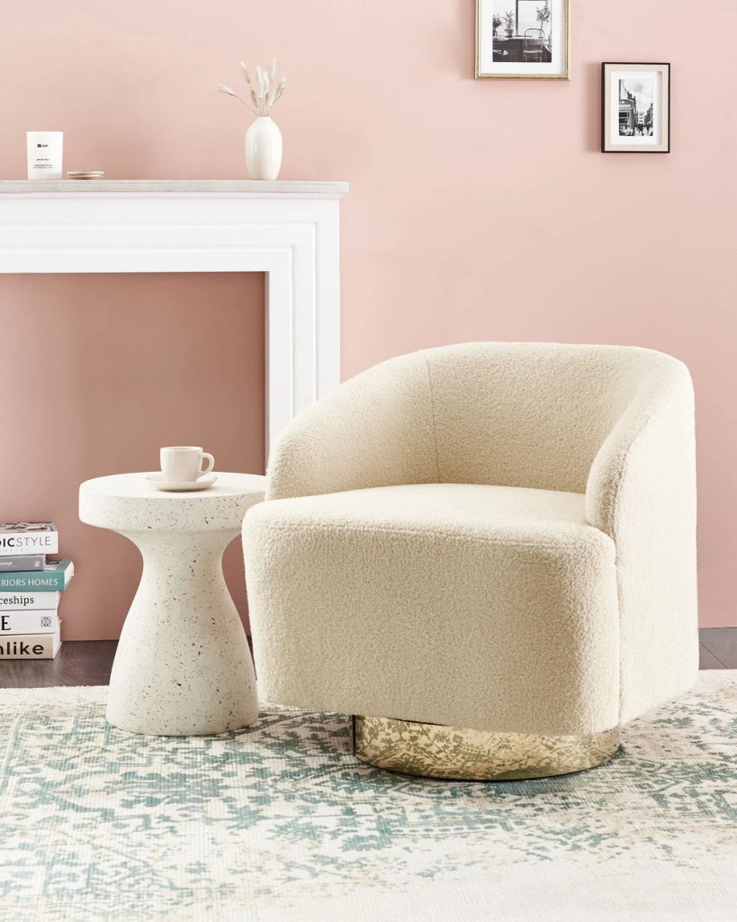 Poltrona in tessuto bouclè beige con base Girevole stile retrò glamour