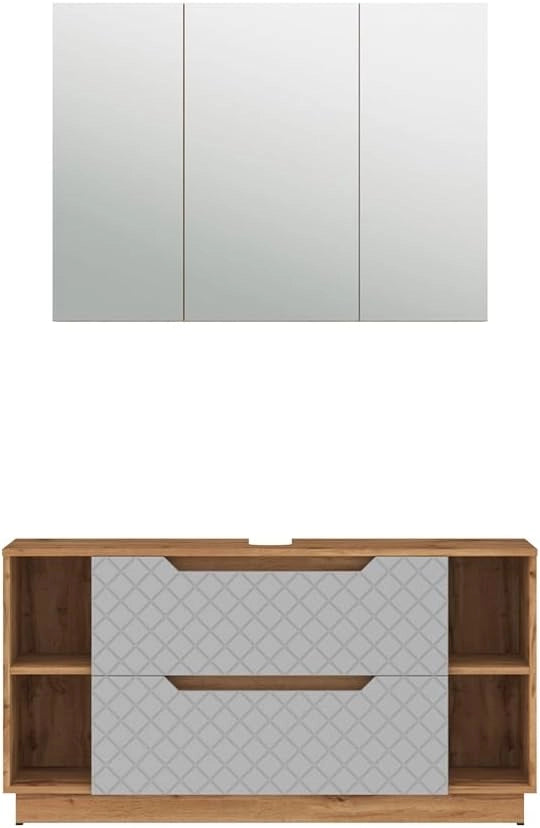 Set di mobili da bagno Lotta, Rovere/grigio con struttura in piastrelle, 2 parti