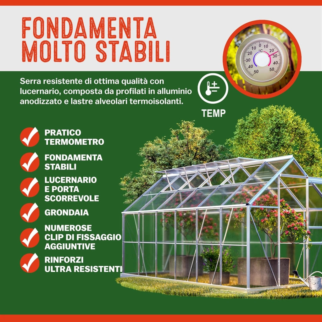 Serra Giardino Alluminio con Base 7,2m² 380x190cm 11,73m³ 4 Lucernari Orto Piante Esterno