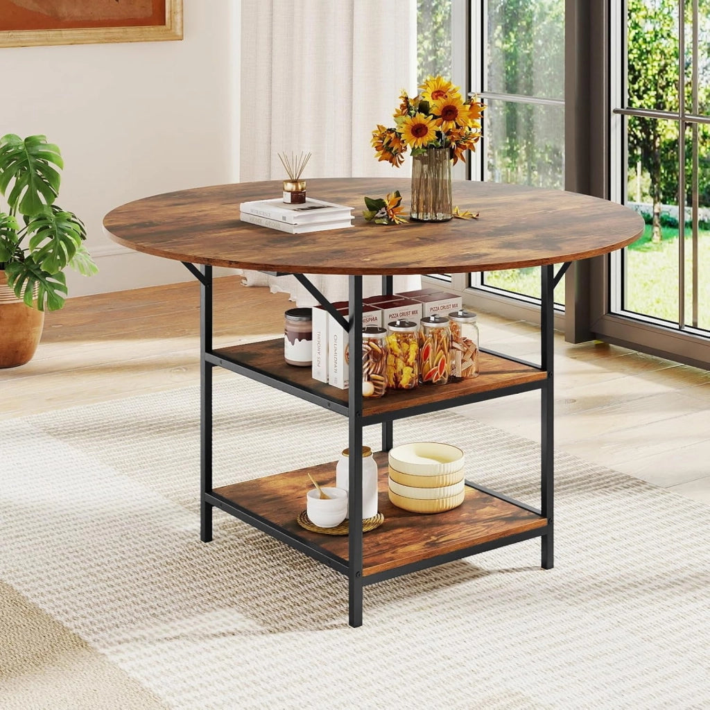 Tavolo da Pranzo Rotondo Ø 120 cm, adatto per 4-6 Persone, con 2 Ripiani, Piano Effetto Legno e Struttura in Metallo, Stile Industriale, Ideale per Cucina e Sala da Pranzo