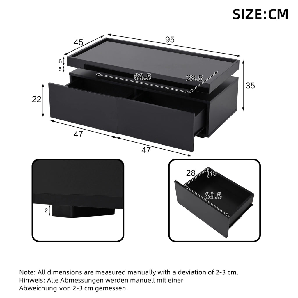 Tavolino da salotto moderno 95x45x35 cm nero lucido con LED; 2 cassetti e ripiano aperto