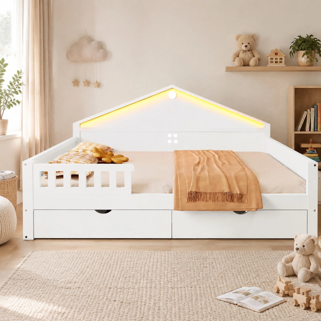 Letto multifunzione 140x200 cm con cassetti e LED; bianco