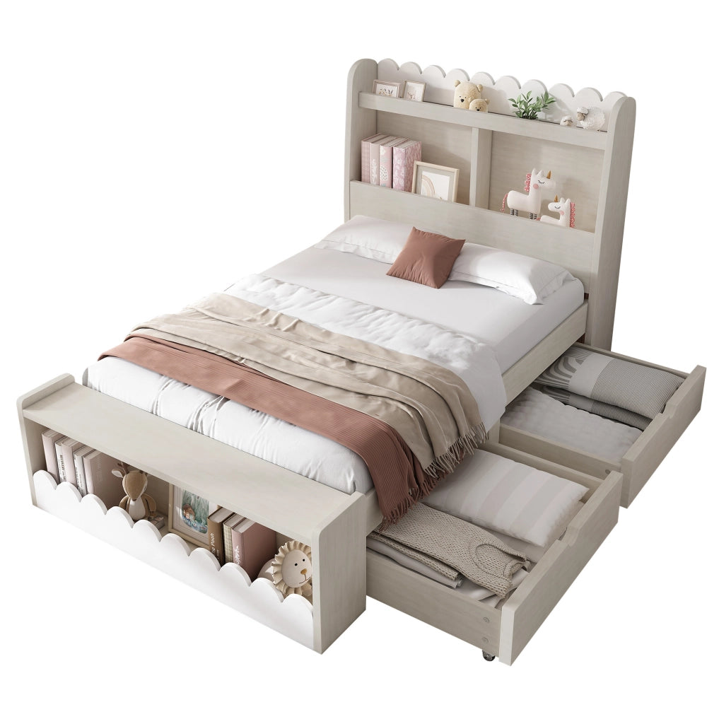Letto singolo 90x200 cm con 2 cassetti; ripiani integrati e struttura in legno bianco effetto quercia