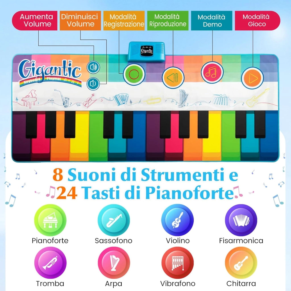 Tappeto da Ballo Piano per Bambini, Tappeto Musicale con 8 Suoni di Strumenti, Tastiera Pianoforte Colorata e Musica, Registrazione e Riproduzione, Giocattolo Educativo per Bambini 3+ Anni