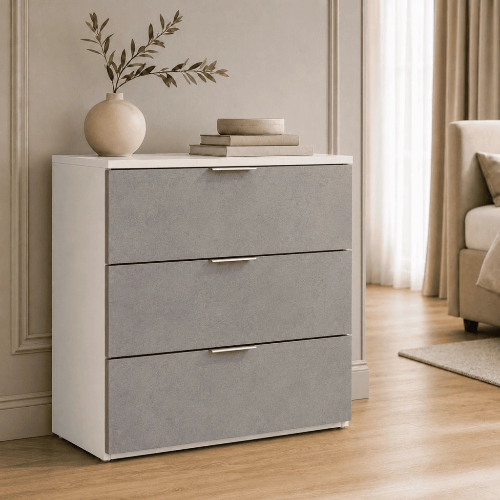 Comò 3 Cassetti Senza Piedi Cassettiera Design Minimal Mobile Per Camera Da Letto Studio E Lavanderia 77 X 38 X 80 Cm Bianco E Grigio Cemento
