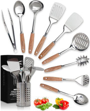 Insieme di utensili da cucina in acciaio inossidabile - Set di utensili da cucina antiscorrosione in acciaio inossidabile - Accessori da cucina in metallo termoresistente e gadget da cucina (10 pezzi - Legno e argento)