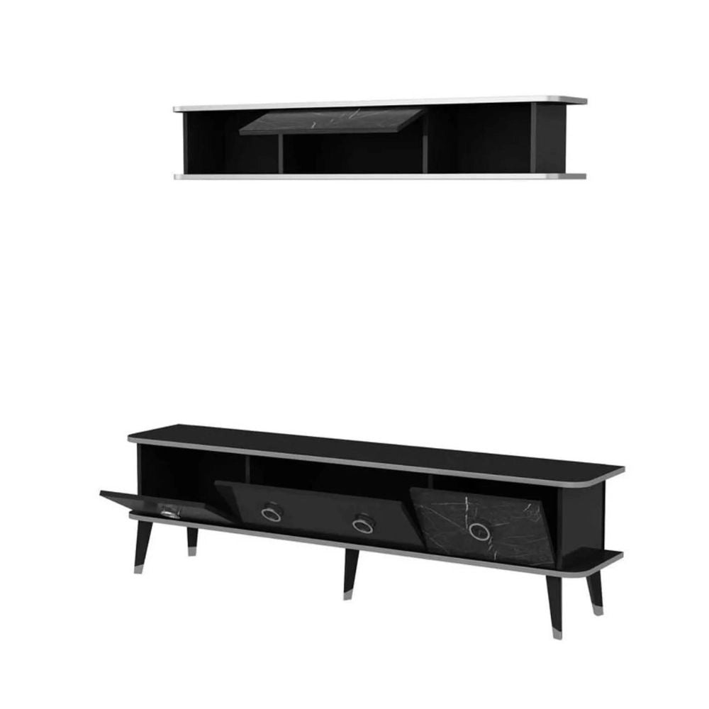 Mobile porta Tv con pensile effetto marmo nero particolari argento Bientv 180