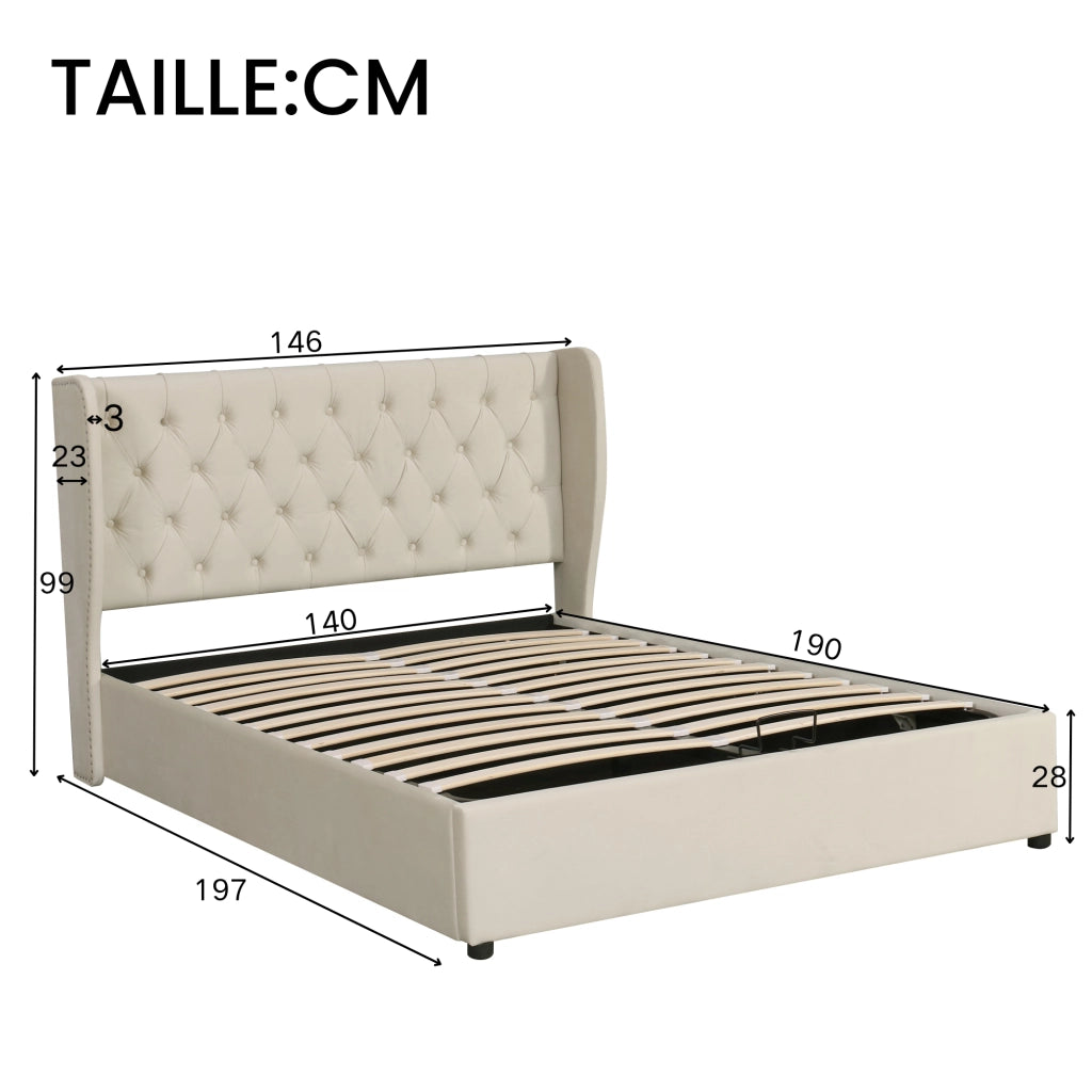 OKWISH Letto Contenitore 140×190 cm, Letto Matrimoniale con Testiera Imbottita, Vano Contenitore e Borchie, senza Materasso, Velluto, Beige