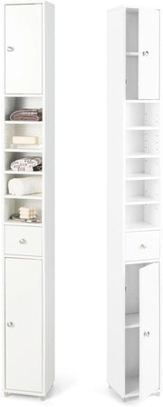 Armadio da Bagno Sottile e Alto con Ante, Mobiletto Bagno Salvaspazio Cassetto e Ripiani Regolabili, Design Moderno, 20 x 20 x 180 cm, 4 Colori