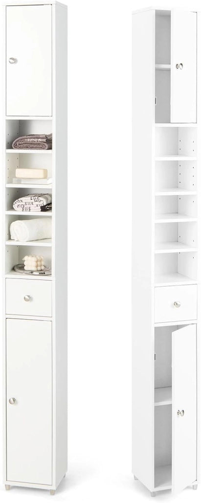 Armadio da Bagno Sottile e Alto con Ante, Mobiletto Bagno Salvaspazio Cassetto e Ripiani Regolabili, Design Moderno, 20 x 20 x 180 cm, 4 Colori