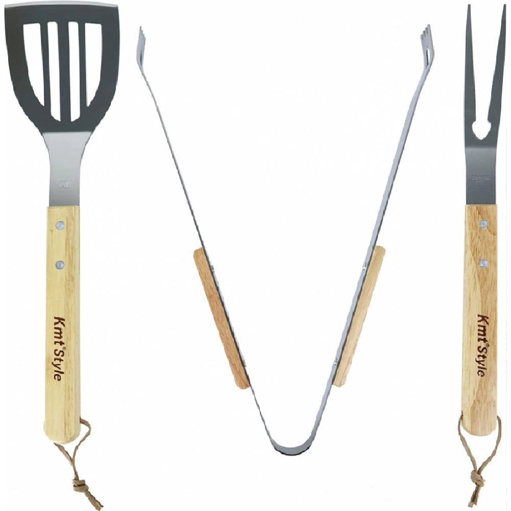 Trade Shop - Set 3 Attrezzi Griglia Barbecue Forchettone Pinza Spatola In Acciaio Manico Legno -