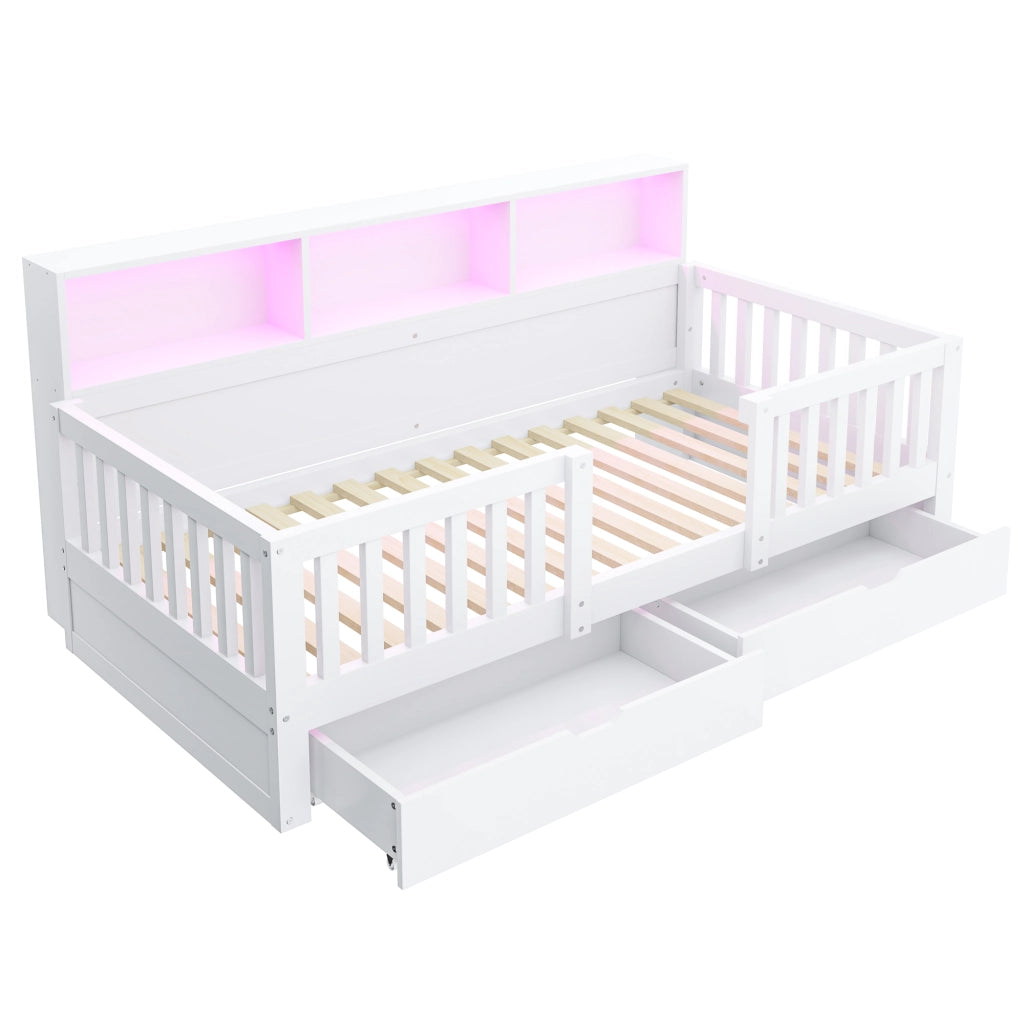 Letto per bambini 90x200 cm con sponda di sicurezza, 2 cassetti, ripiani integrati e LED, bianco