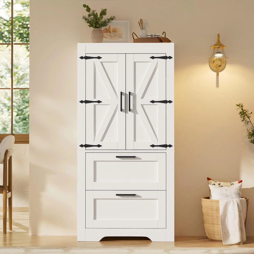 Mobile contenitore con 2 cassetti e ripiani regolabili, stile rustico, per cucina sala da pranzo e soggiorno, bianco