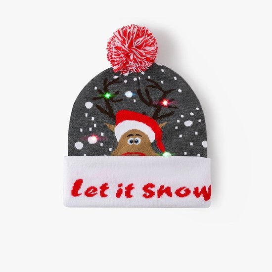 Cappello di lana con luci LED, cappello di Natale illuminato, cappello di Natale con neve e renna, cappello di Natale autunnale/invernale (renna grigia).