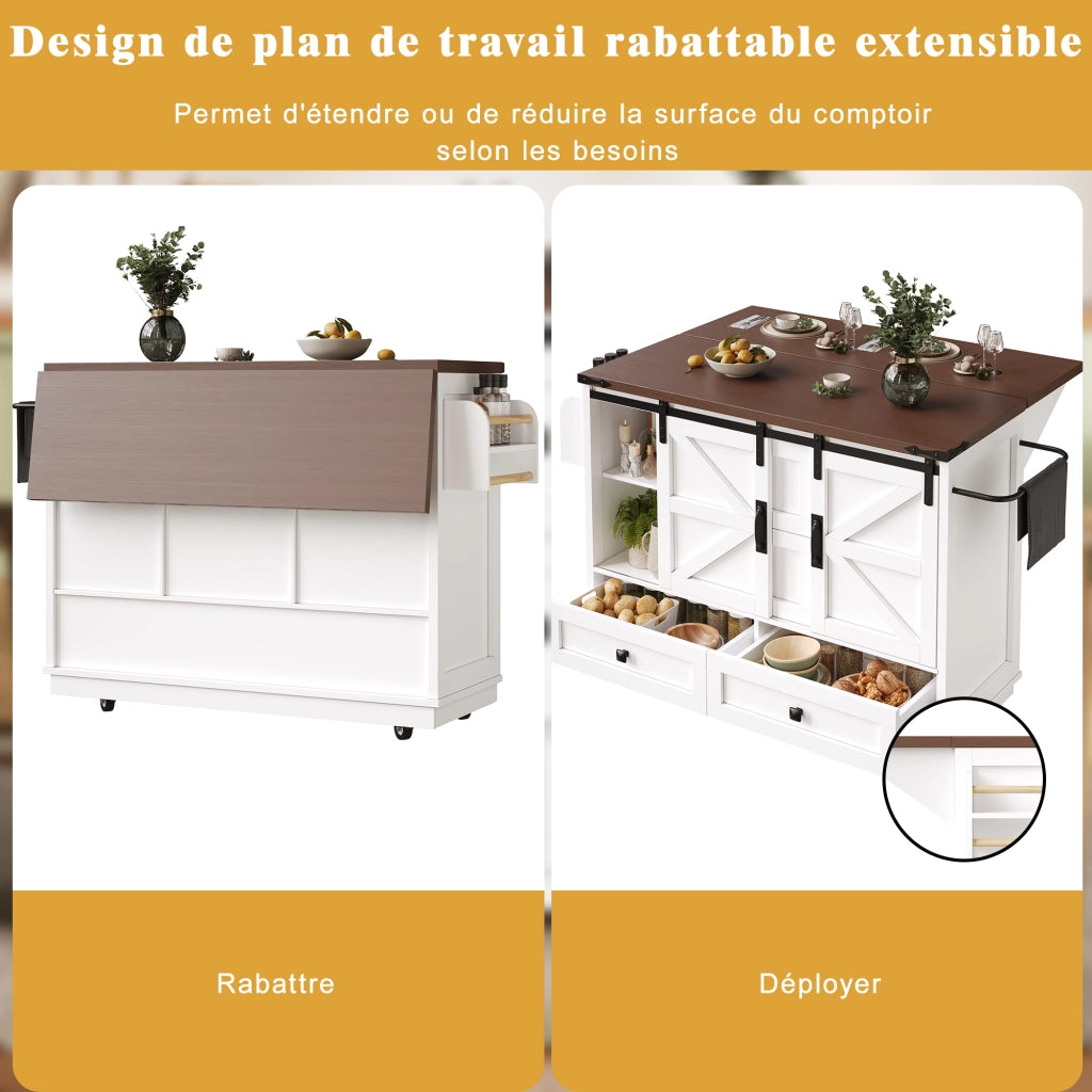 Carrello da Cucina con Ante Scorrevoli e Piano Ribaltabile e Ripiani Regolabili per Cucina in MDF Bianco
