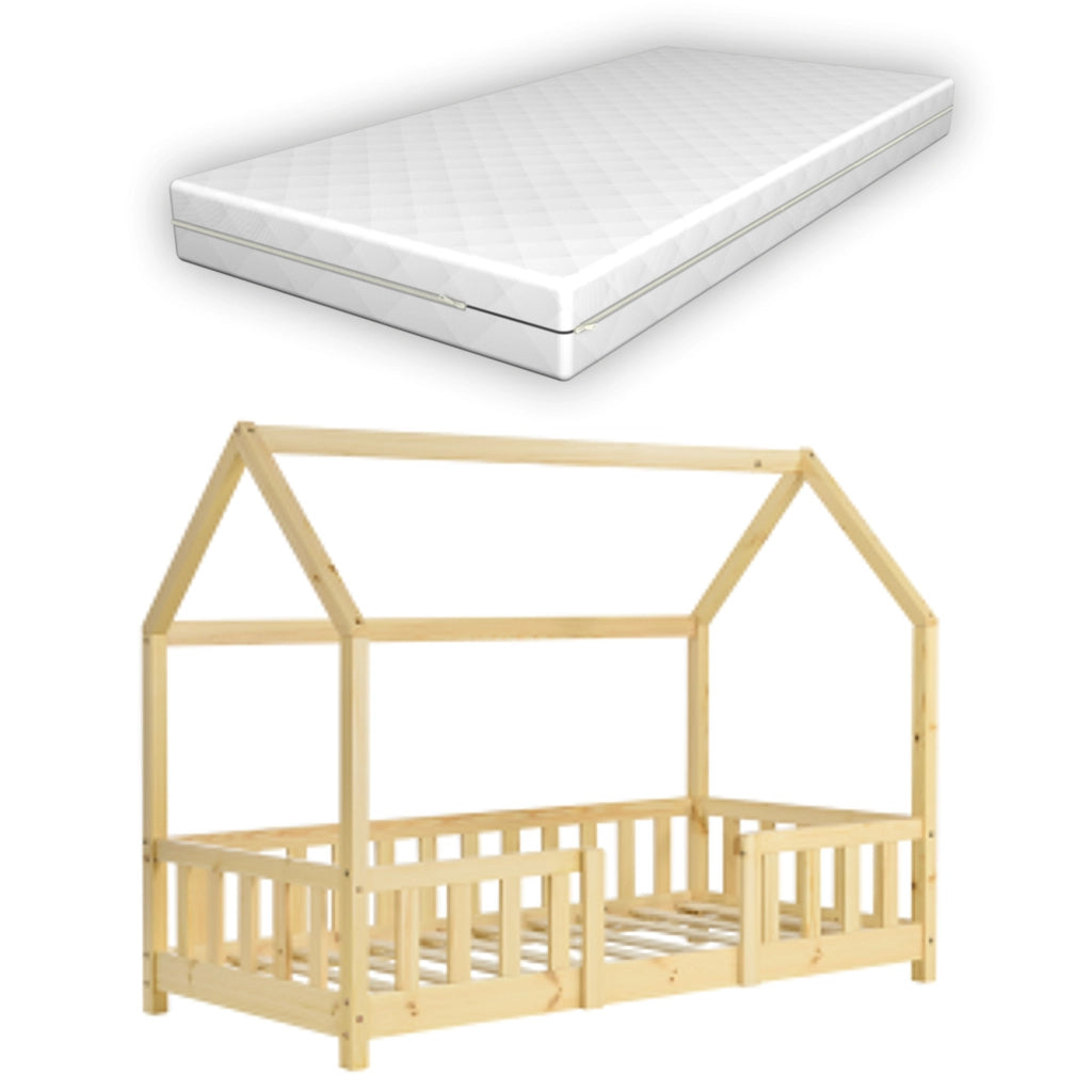 Letto per Cameretta Sisimiut a Forma di Casetta con Materasso 70x140 cm Color Legno Naturale [en.casa] [neu.haus]