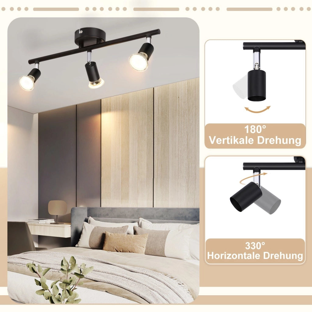 ZMH Faretto da soffitto neri 3 luci GU10 metallo rotanti 330° stile moderno per soggiorno corridoio senza lampadina