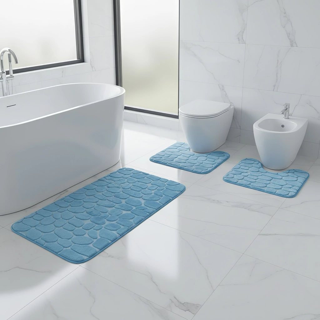Set 3 Tappeti Bagno WC e Bidet Effetto Memory Morbidi Antiscivolo 1 Tappeto 45x75 cm +2 Tappeti 45x40 cm Assorbenti, Lavabili,Design Moderno Azzurro