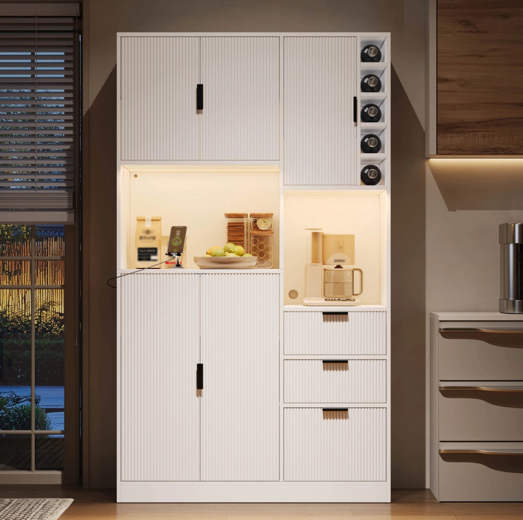 Credenza da cucina moderna 180x105x40 cm in MDF bianco con LED multicolore; prese e portabottiglie