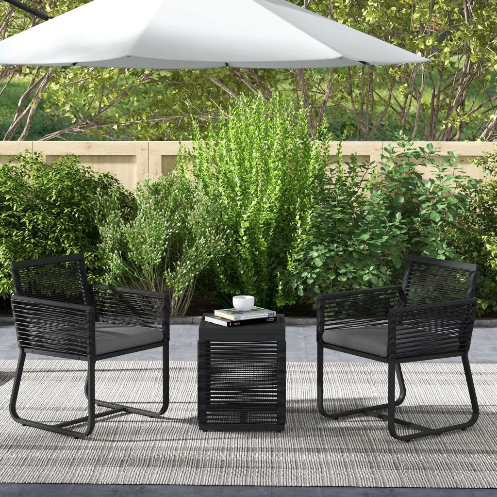 Set da Giardino in Rattan con 2 Poltroncine con Cuscini e Tavolino da Caff¨¨ in Vetro, Nero