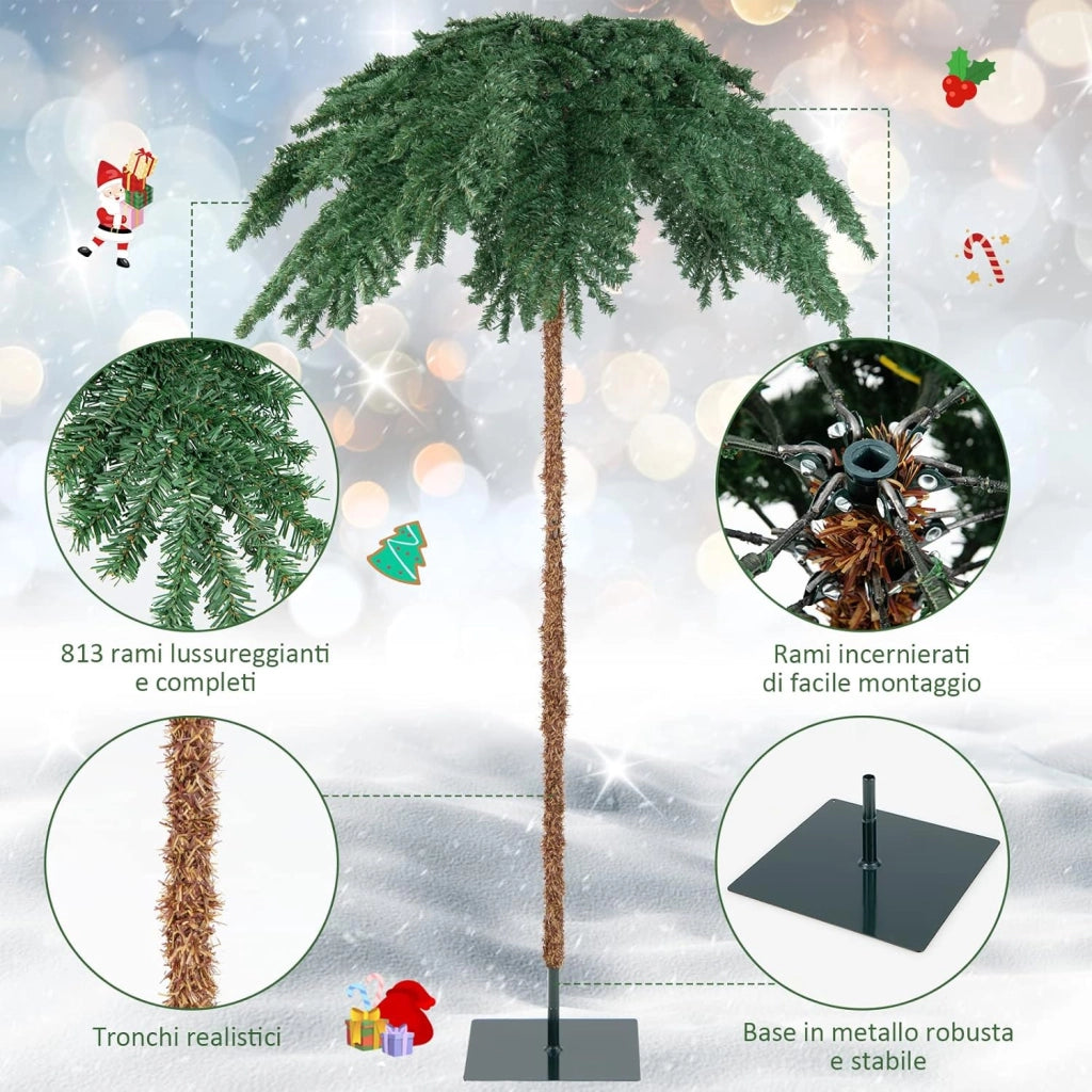 Albero di Natale da 180 cm, Albero di Natale con Luci e a Forma di Palma, con 250 Luci LED Bianco Caldo, 813 Rami, Struttura a Cerniera e Supporto, Ideale per Casa e Negozio