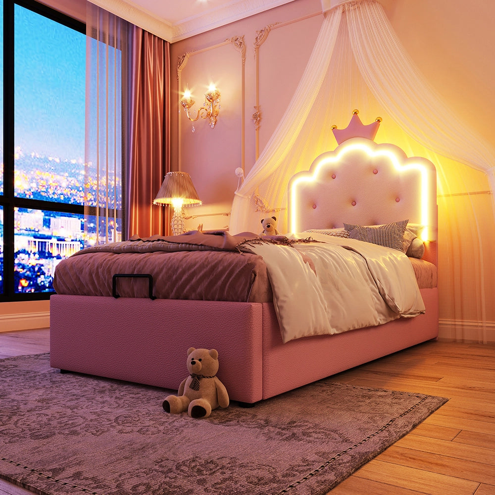 Letto a cassone 90x200 cm - Xylo - Luce LED telecomandata, design principesco, colore rosa