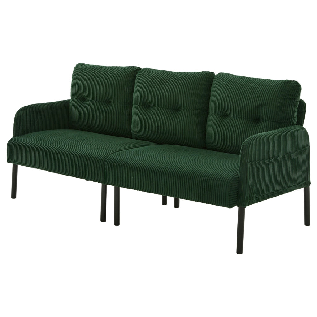 Divano a 3 posti in corduroy color Emerald con schienale ergonomico, tasca laterale e struttura stabile