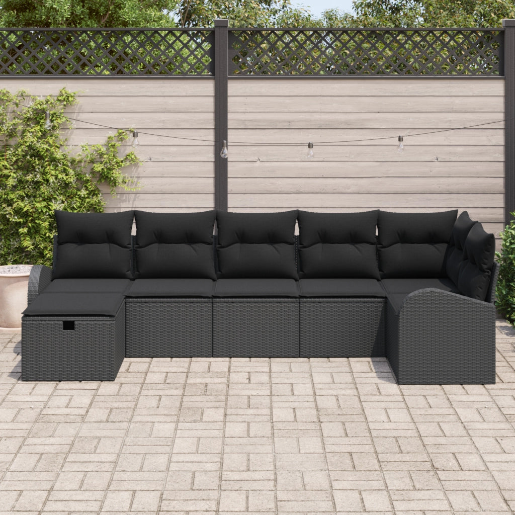 Set di Divani da Giardino 7 Pezzi con Cuscini Nero Rattan Sintetico